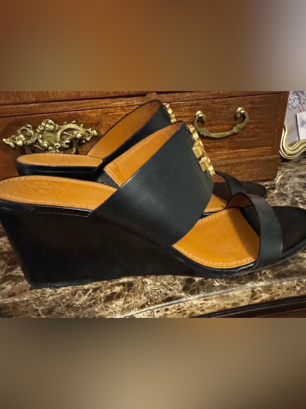 Tory Burch Black Wedge Slide Sandals with Tan Insole